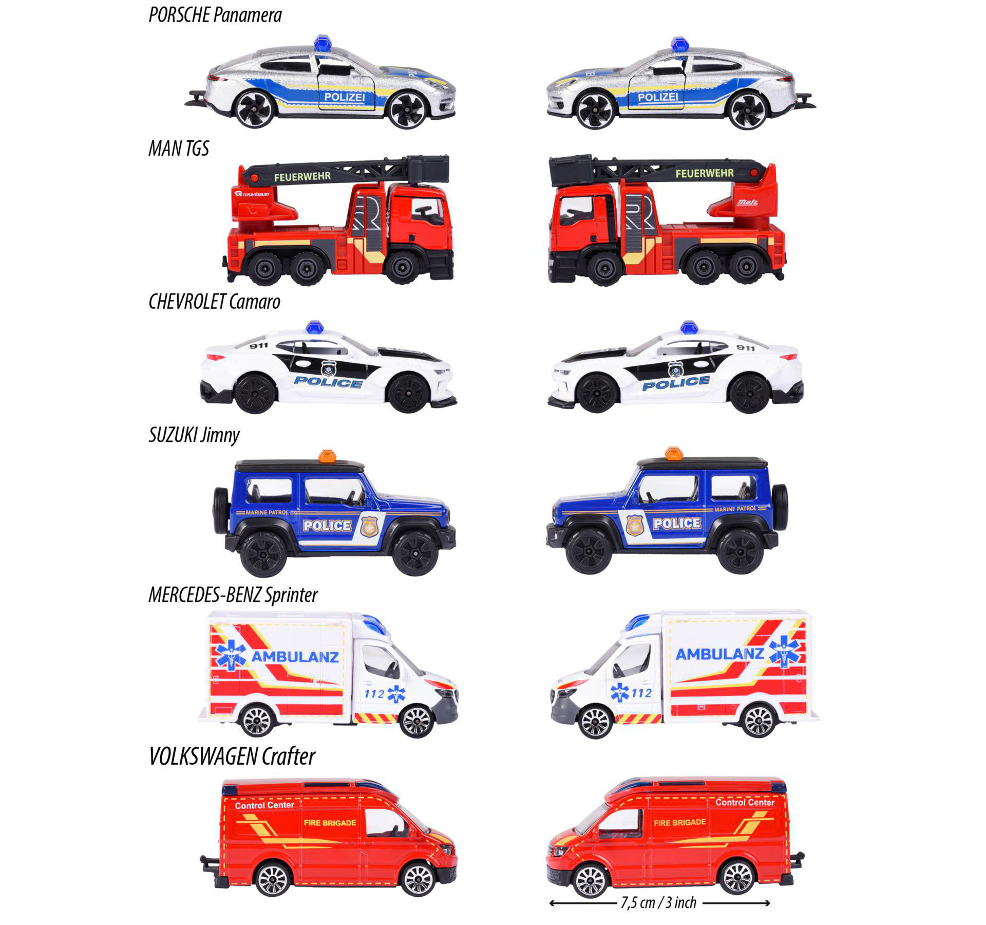 Spielzeugautosammlung, darunter Polizeiautos, Feuerwehrautos und Krankenwagen. Verschiedene Modelle werden gezeigt.