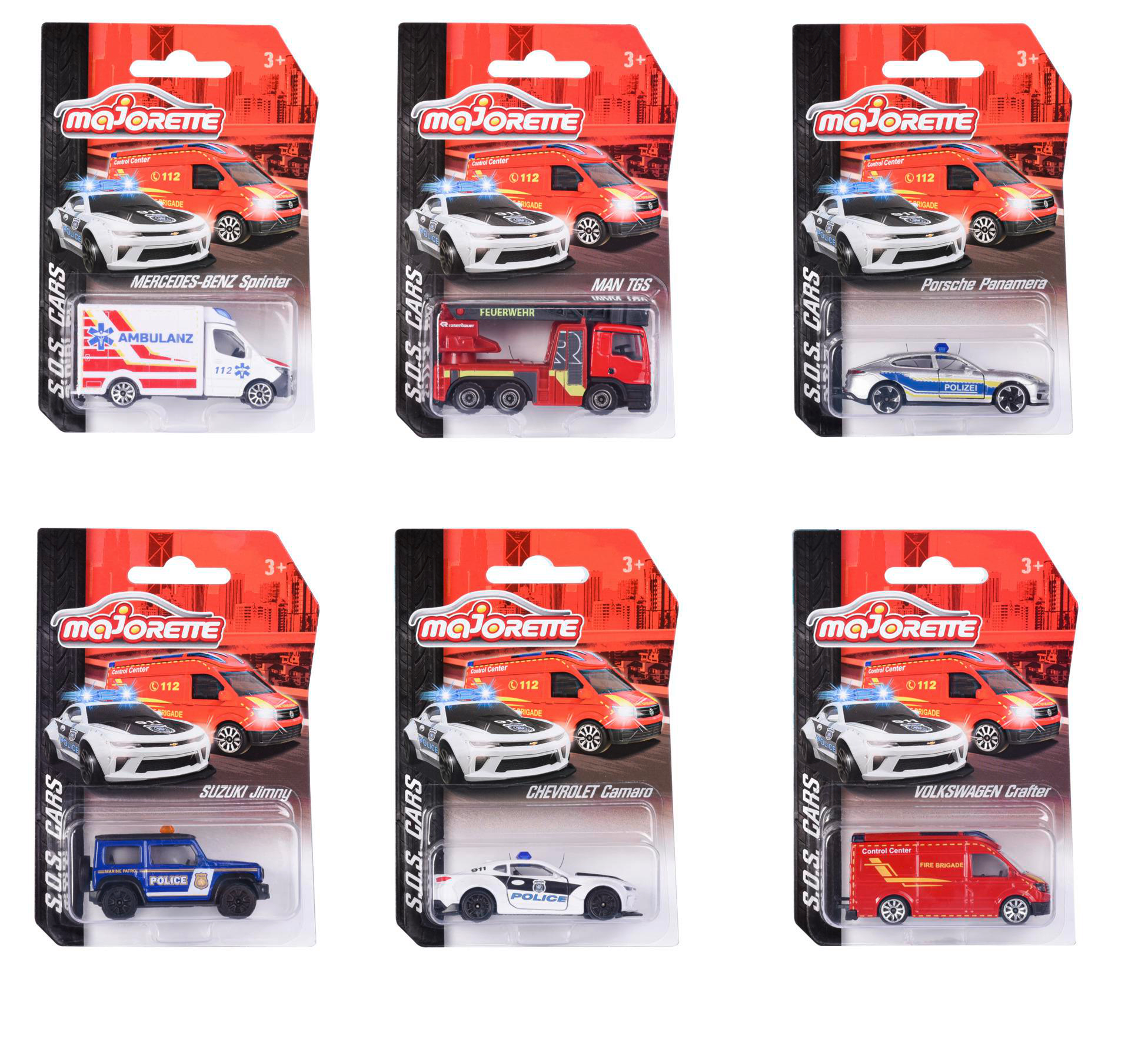 Sechs Spielzeugauto-Verpackungen. Jede hat ein kleines Automodell darin, verschiedene Marken und Farben.