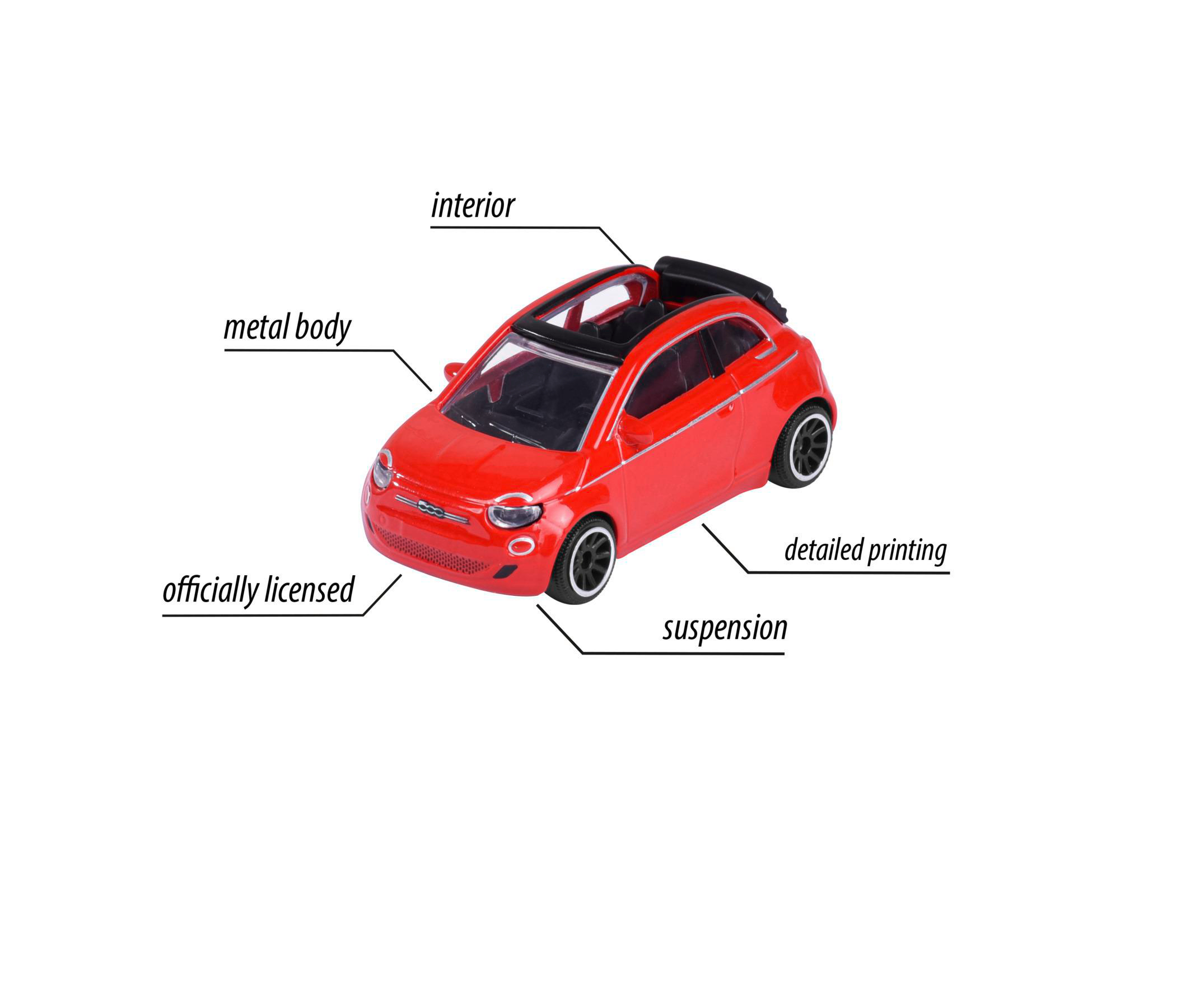 Rotes Spielzeugauto mit schwarzen Rädern, offenem Dach und detailliertem Druck auf weißem Hintergrund.