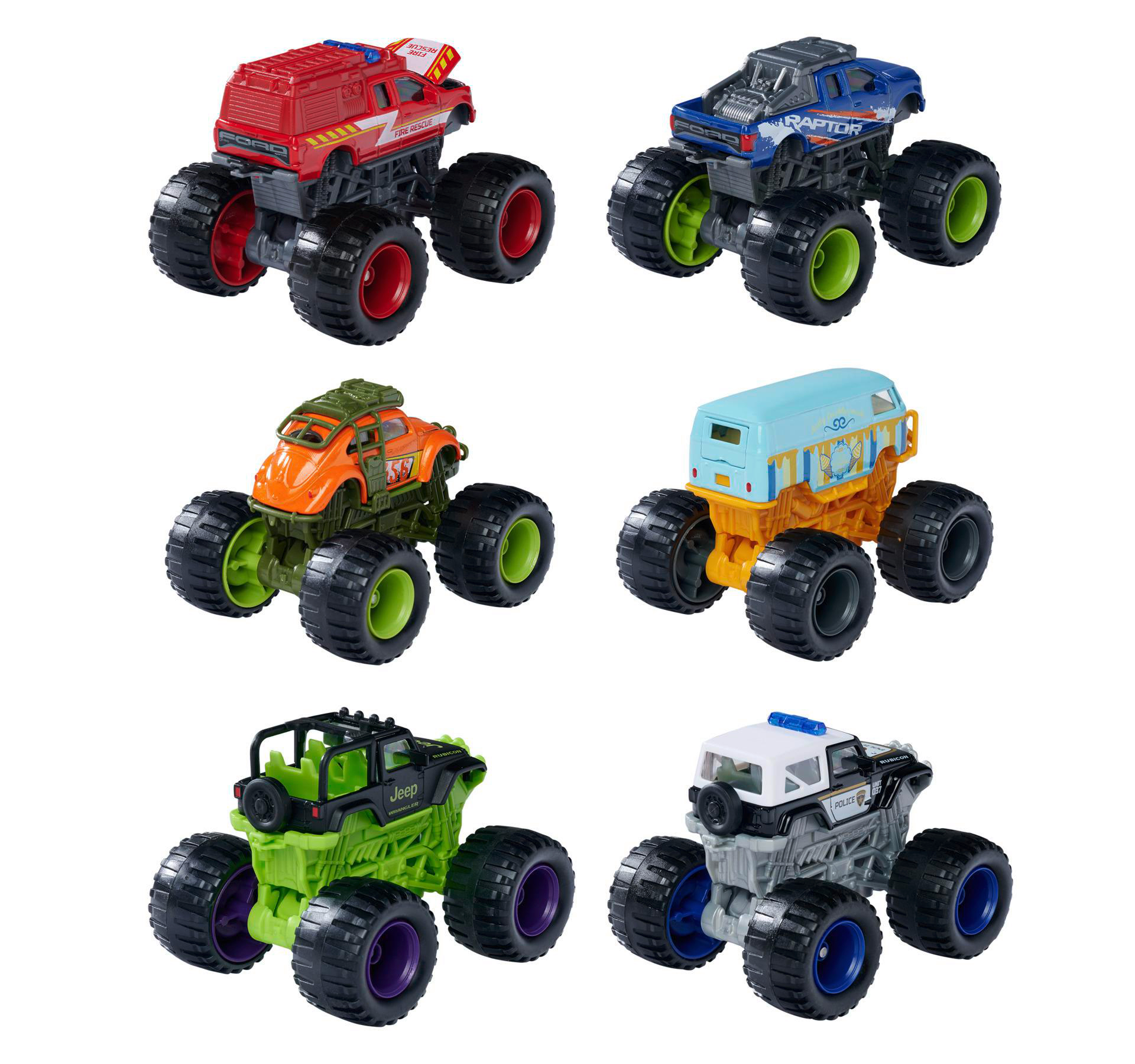 Sechs Spielzeug-Monstertrucks in verschiedenen Farben: rot, blau, orange, blau, grün und grau.