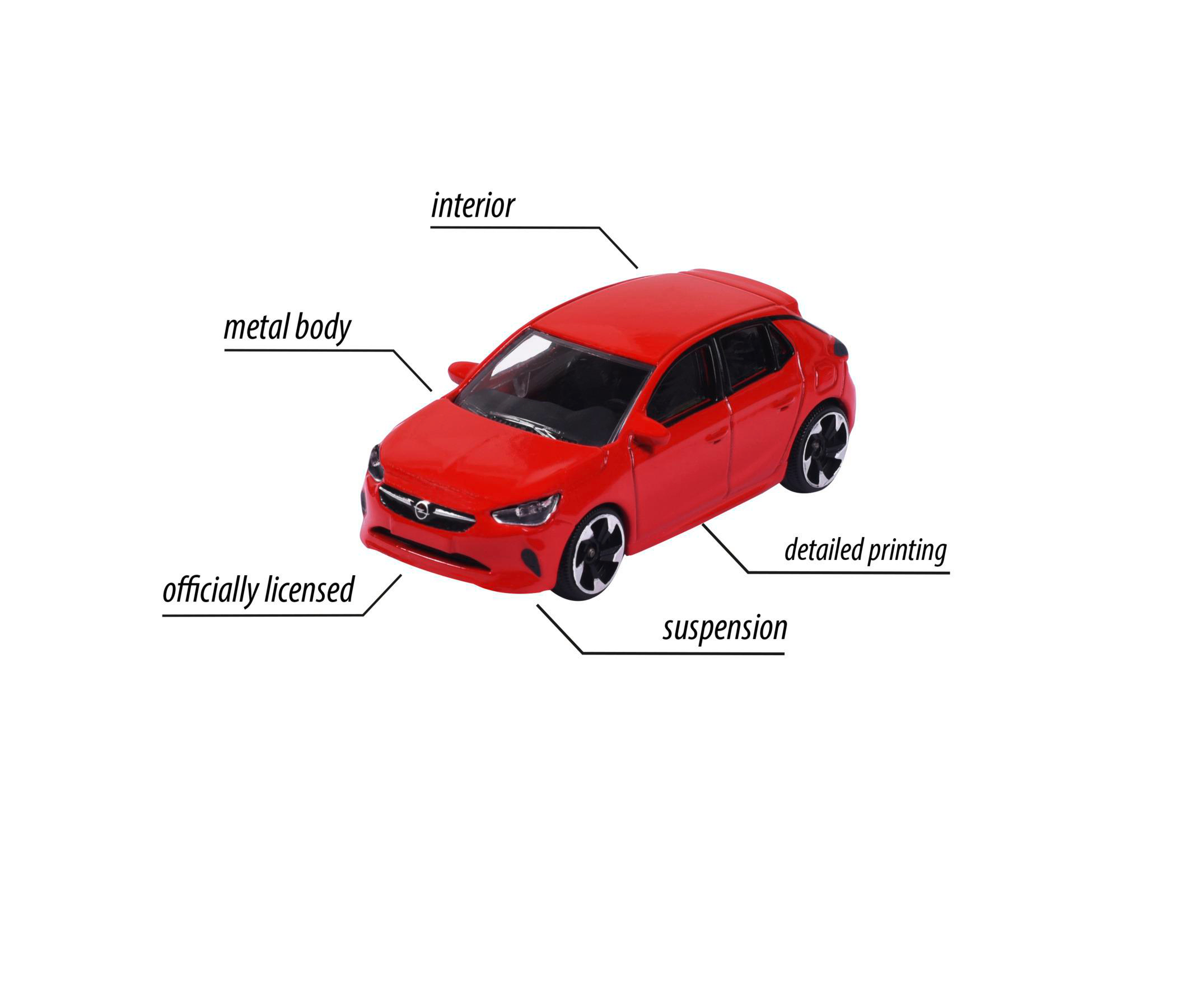 Rotes Spielzeugauto mit schwarzen Rädern, beschriftete Teile. Weißer Hintergrund. Es ist eine Miniaturreplik.