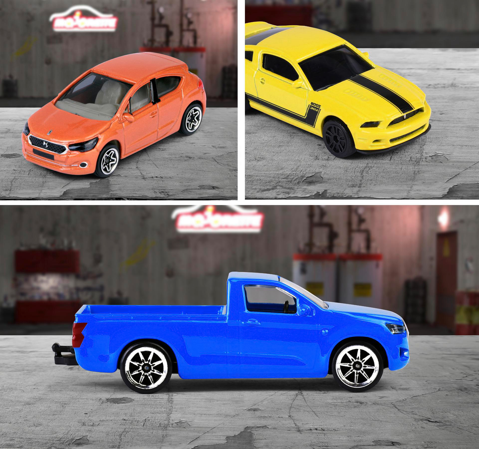Drei Spielzeugautos: oranger Hatchback, gelber Mustang und blauer Pickup auf grauer Oberfläche.
