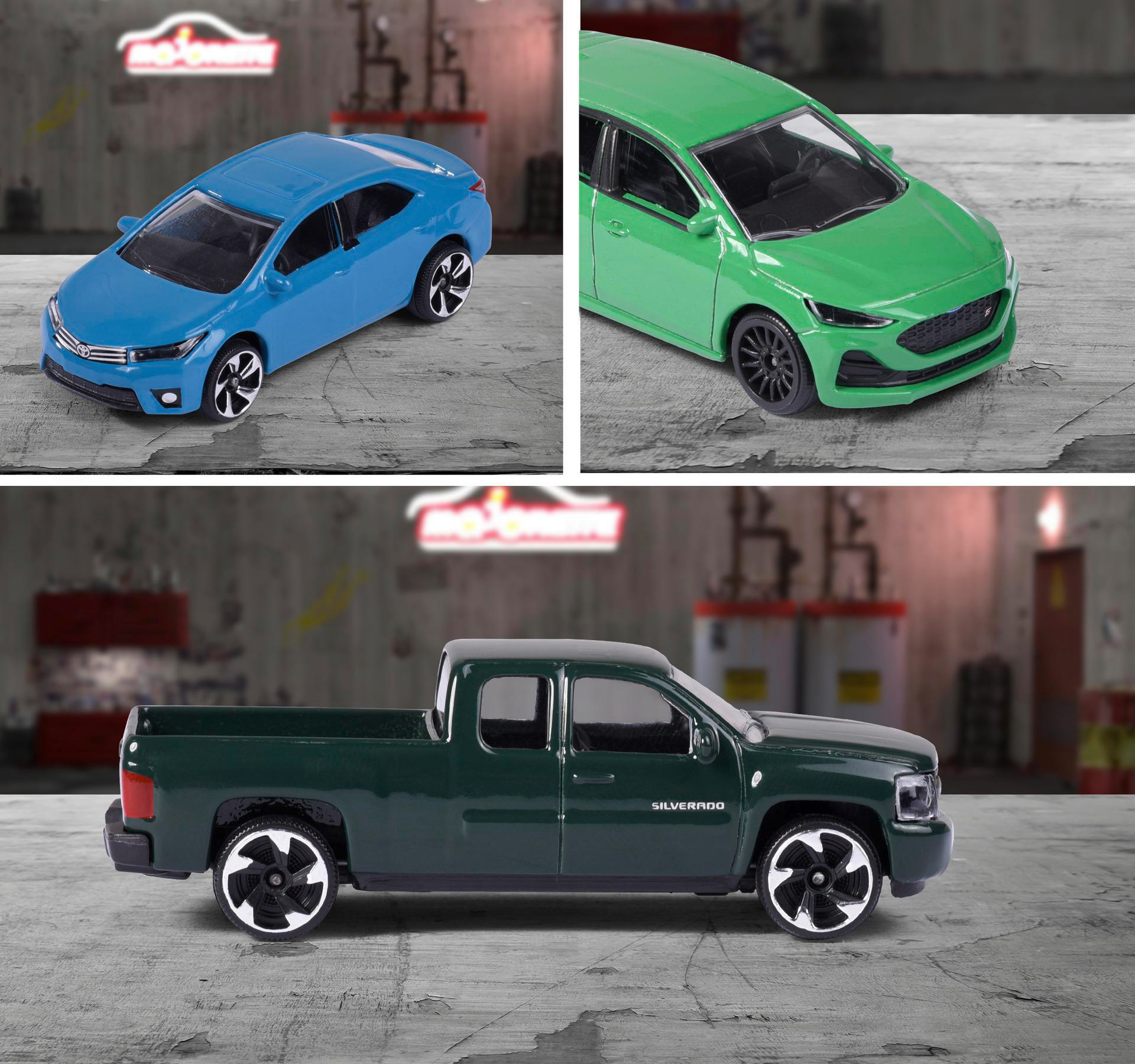 Drei Spielzeugautos: ein blaues Coupé, ein grüner Schrägheck und ein dunkelgrüner Pick-up-Truck.