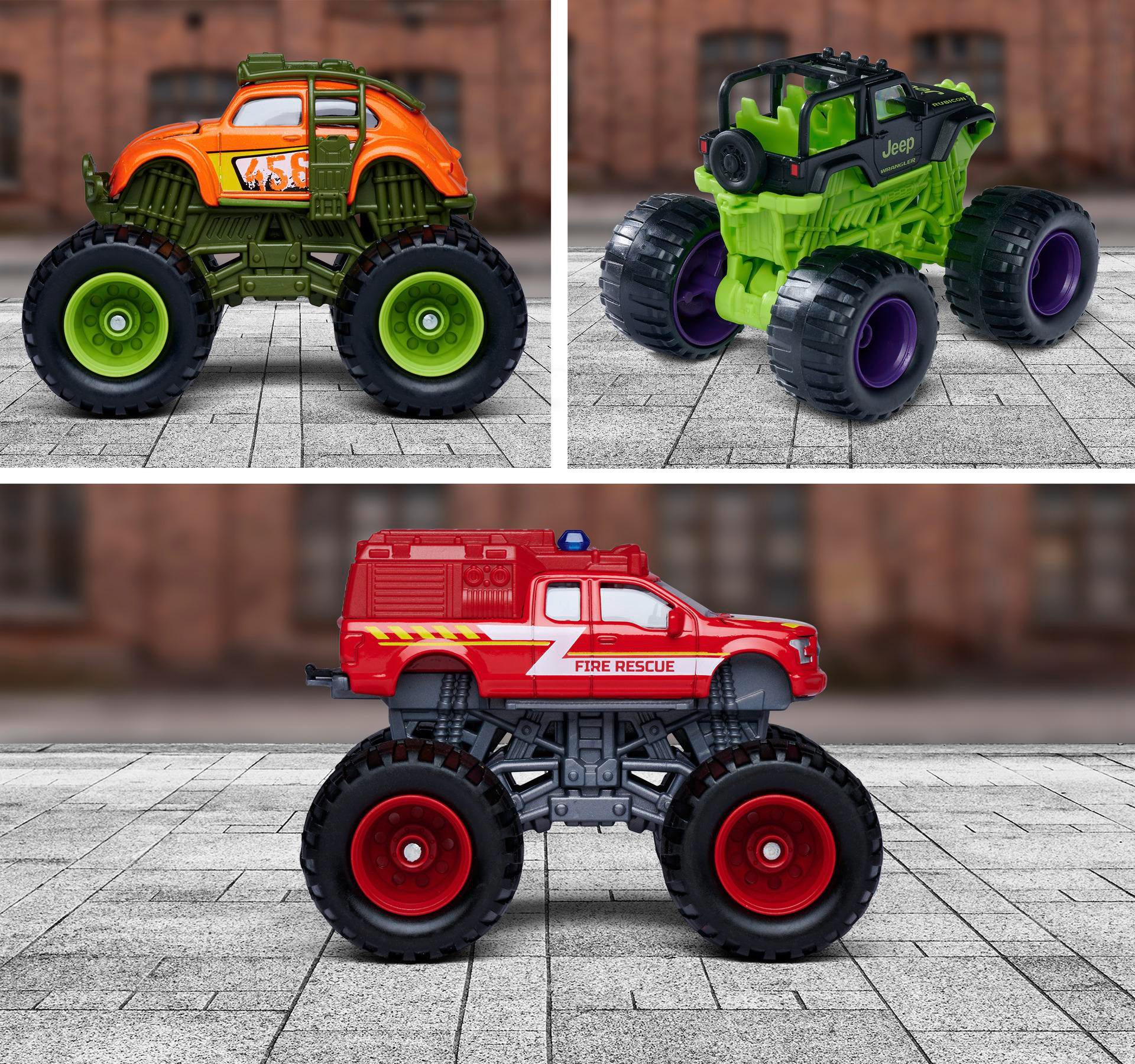 Drei Spielzeug-Monstertrucks auf einer Steinoberfläche. Einer ist orange, einer grün und einer rot. Alle haben große Räder.