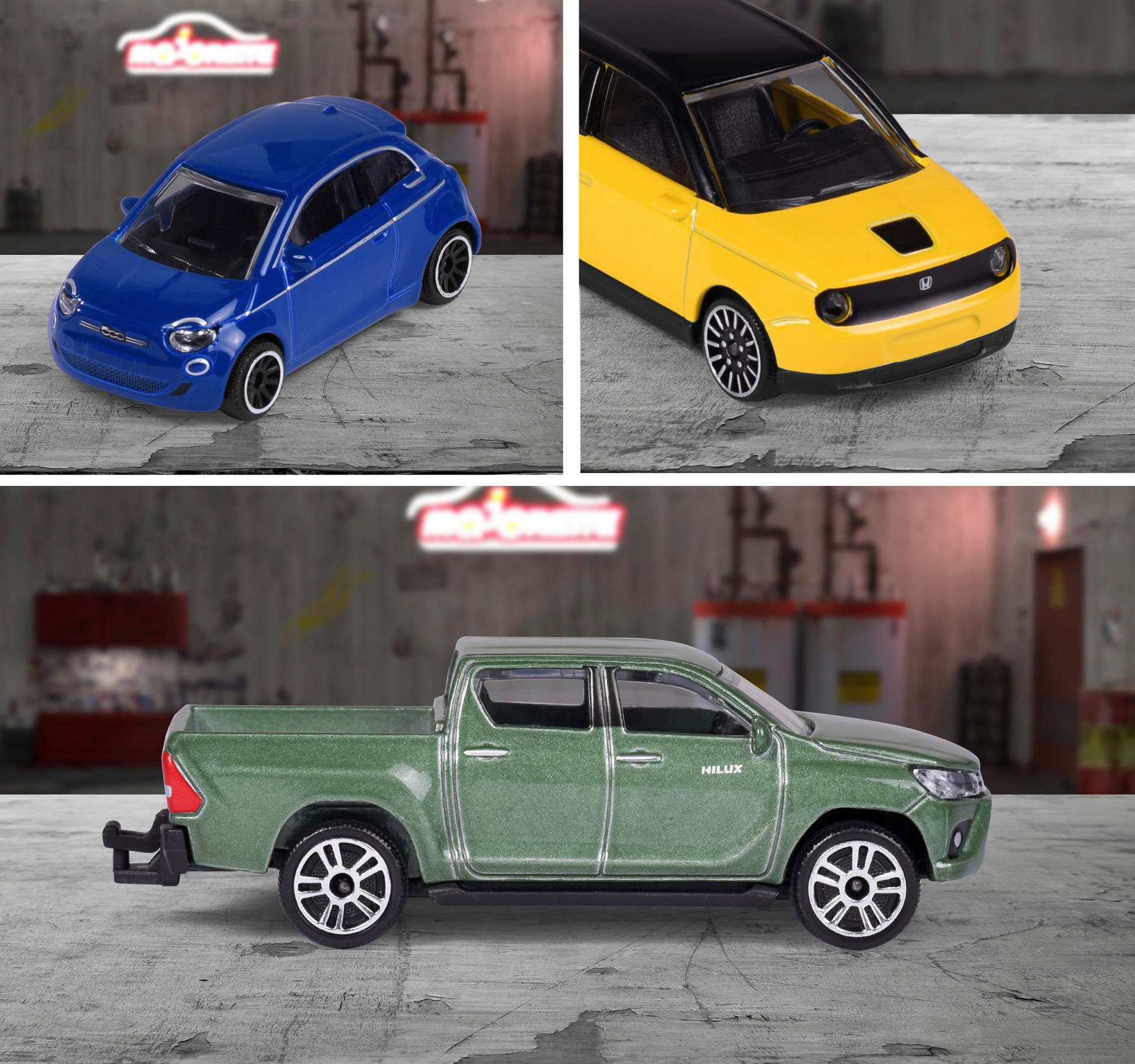Drei Spielzeugautos: blauer Fiat, gelber Honda und grüner Toyota Hilux.