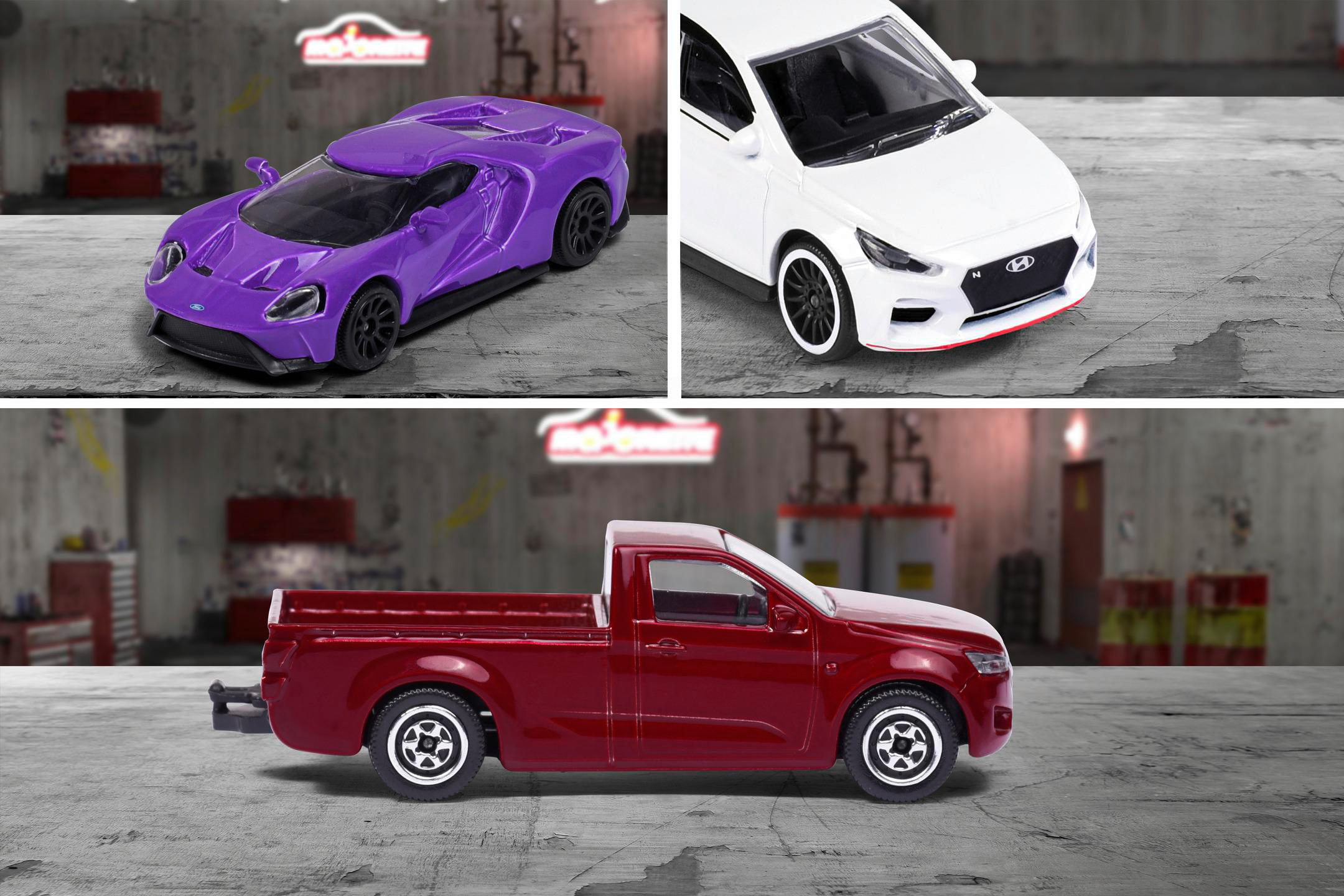 Drei Spielzeugautos: ein lila Ford GT, ein weißer Hyundai und ein weinroter Pick-up vor Garage.
