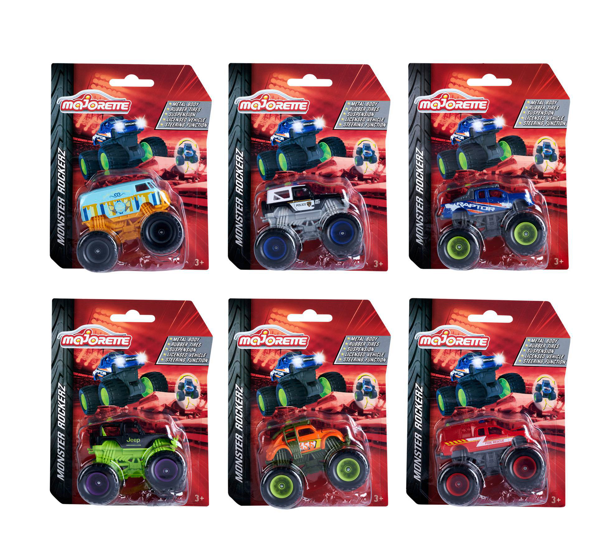Sechs Spielzeug-Monstertrucks in Verpackung. Jedes hat ein anderes Farbschema und Design.