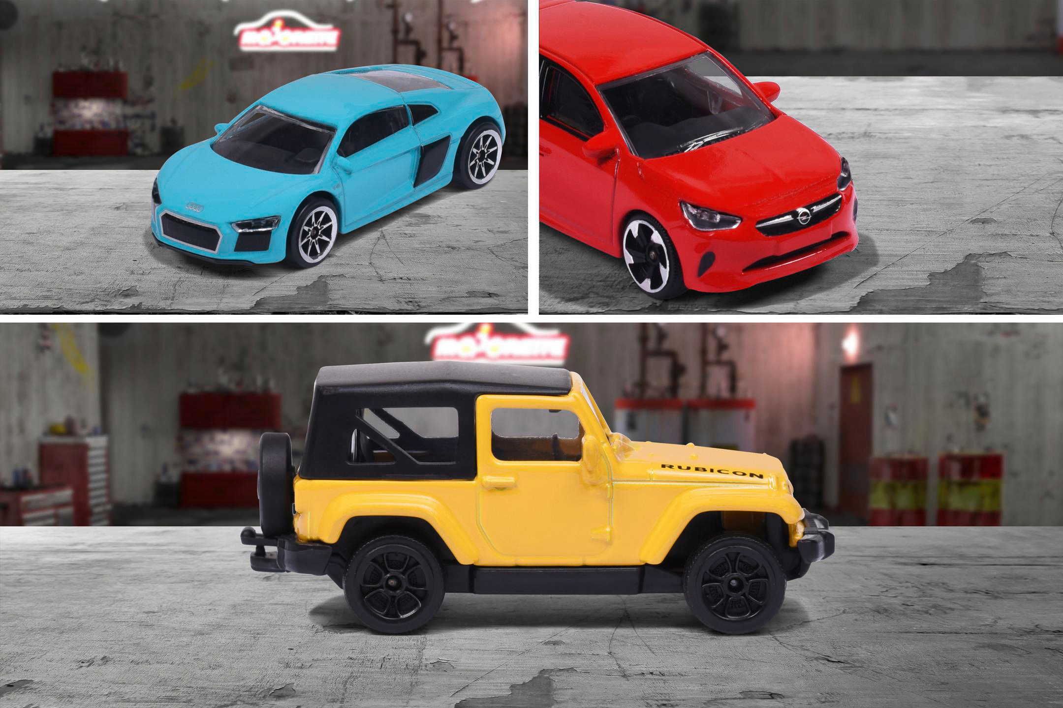 Drei Spielzeugautos: blauer Audi, roter Opel und gelber Jeep. Alle auf einem garagenartigen Hintergrund.