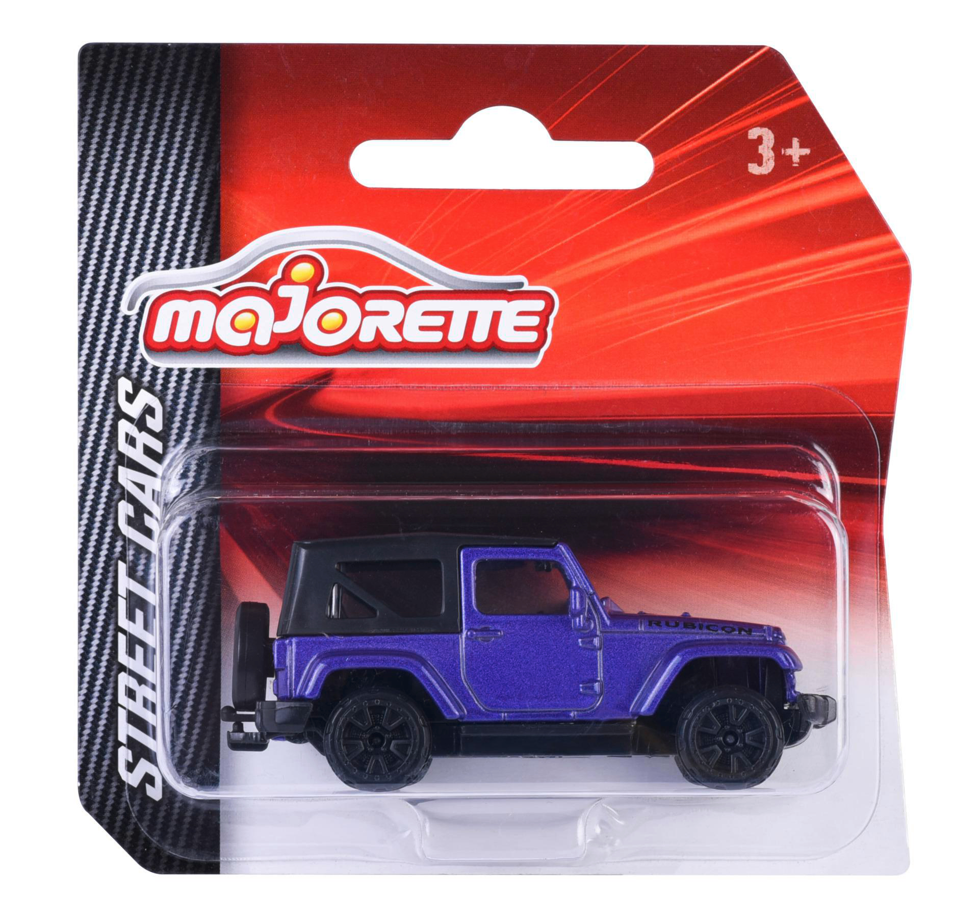 Ein Spielzeugauto, ein lila Jeep Wrangler Rubicon, verpackt in Kunststoff mit rotem und weißem Hintergrund.
