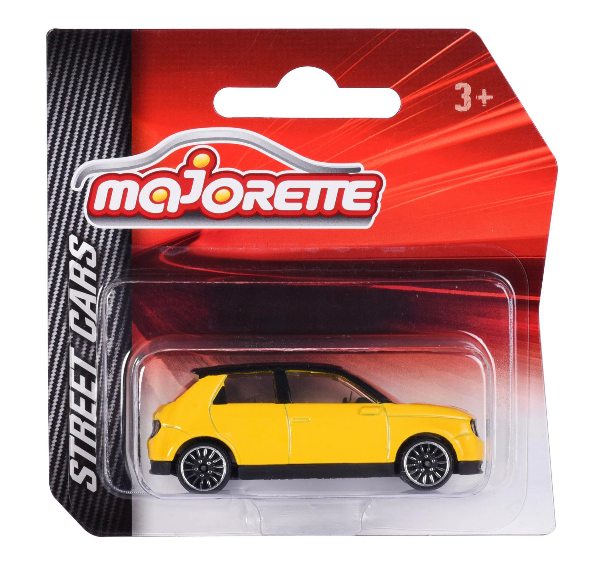 Spielzeugauto in einer Verpackung. Es ist gelb mit schwarzen Details. Text: Majorette, Street Cars.