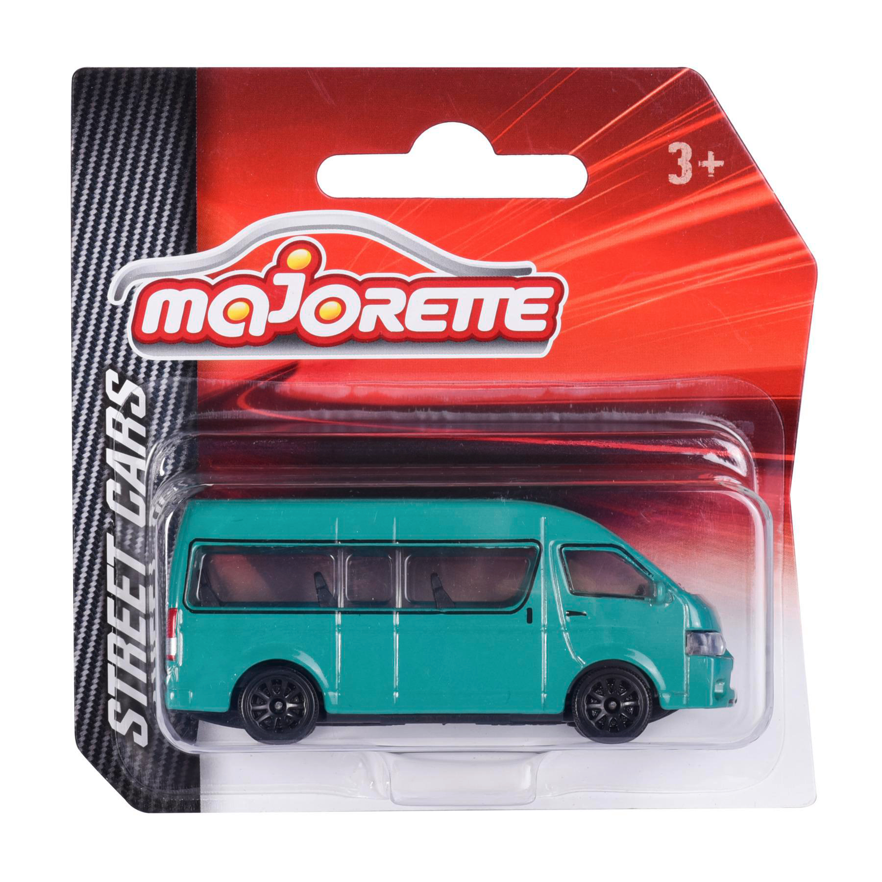 Ein Spielzeug-Van in einer Blisterverpackung mit Majorette-Logo und 3+ Altersangabe.