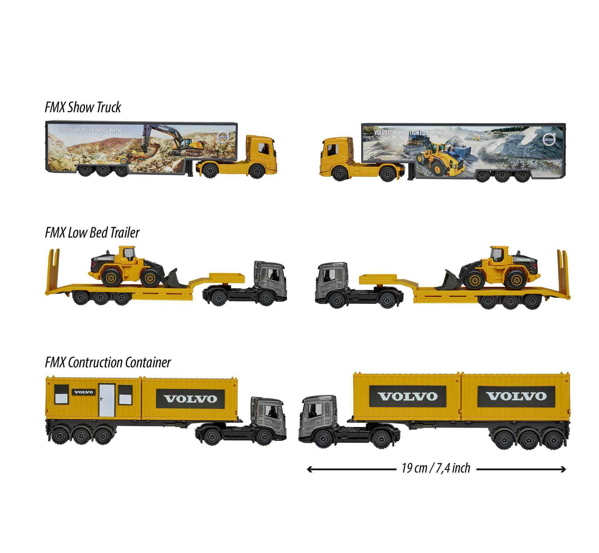 Spielzeug-LKWs: FMX Show Truck, Low Bed Trailer und Construction Container. Volvo-Marke, gelb und grau.