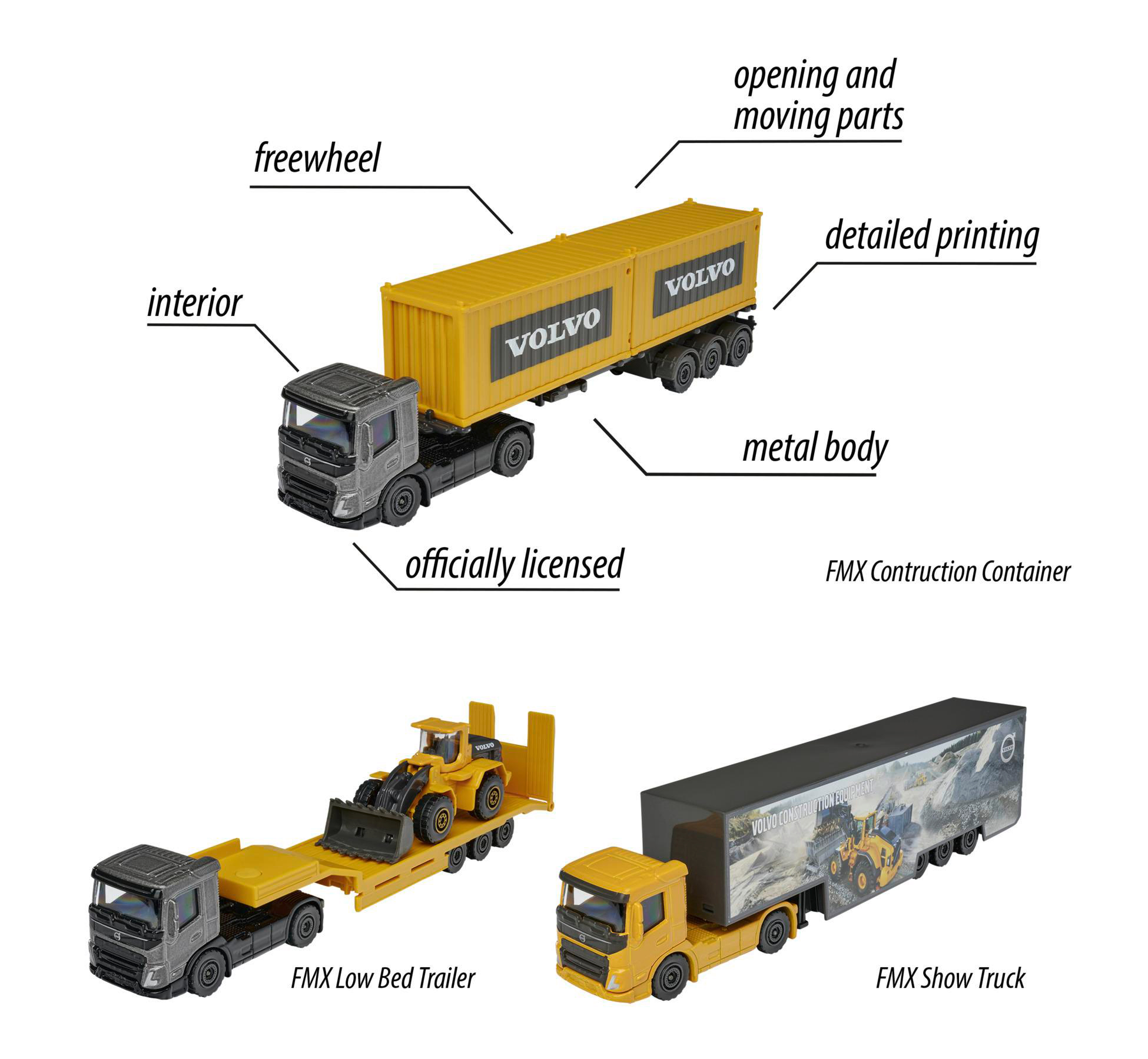 Spielzeug-LKW-Modelle mit Textbeschriftungen. Volvo-Containertruck und zwei weitere Modelle.