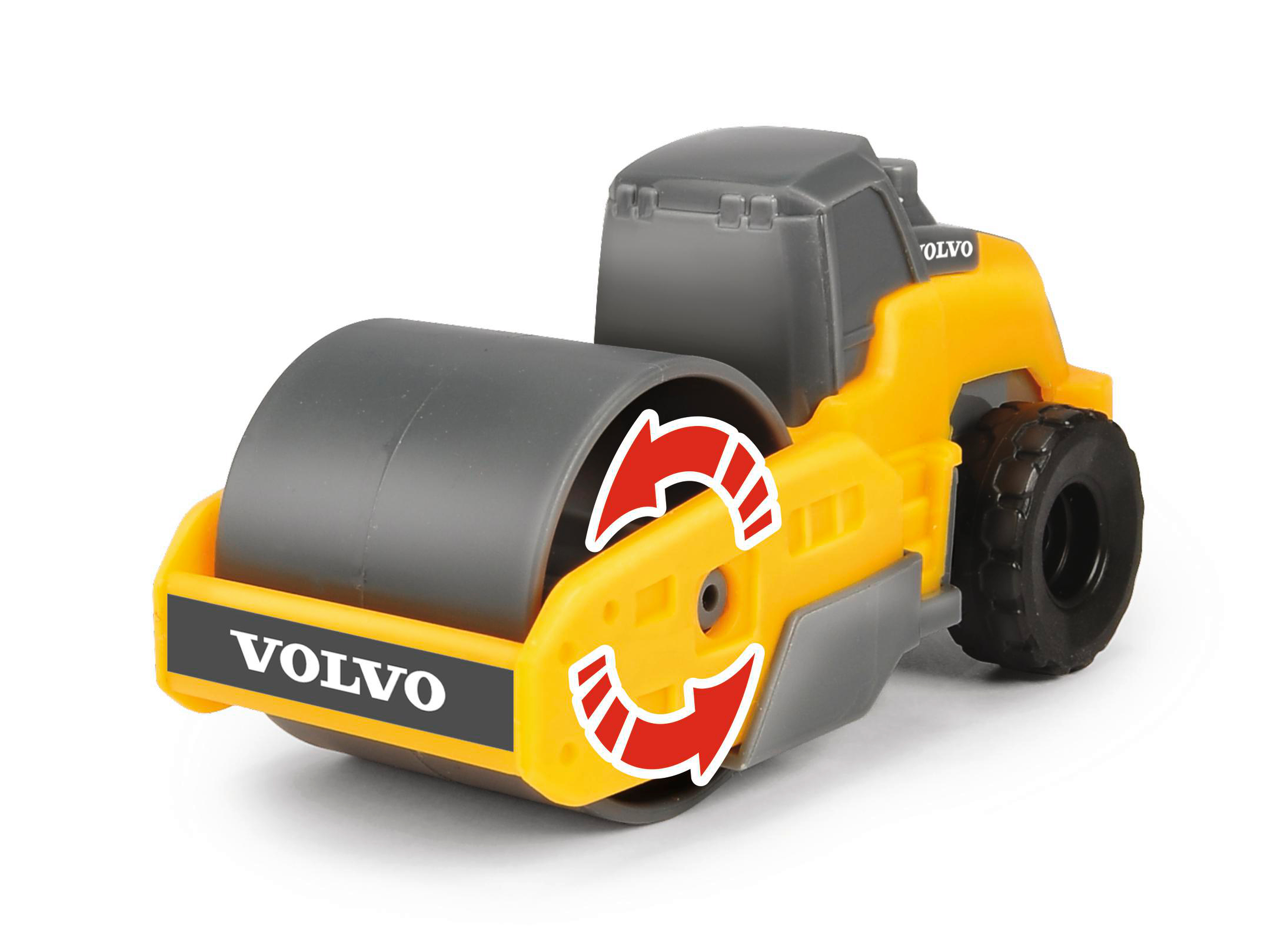 Ein gelb-grauer Volvo-Spielzeugwalze mit drehenden Pfeilen.