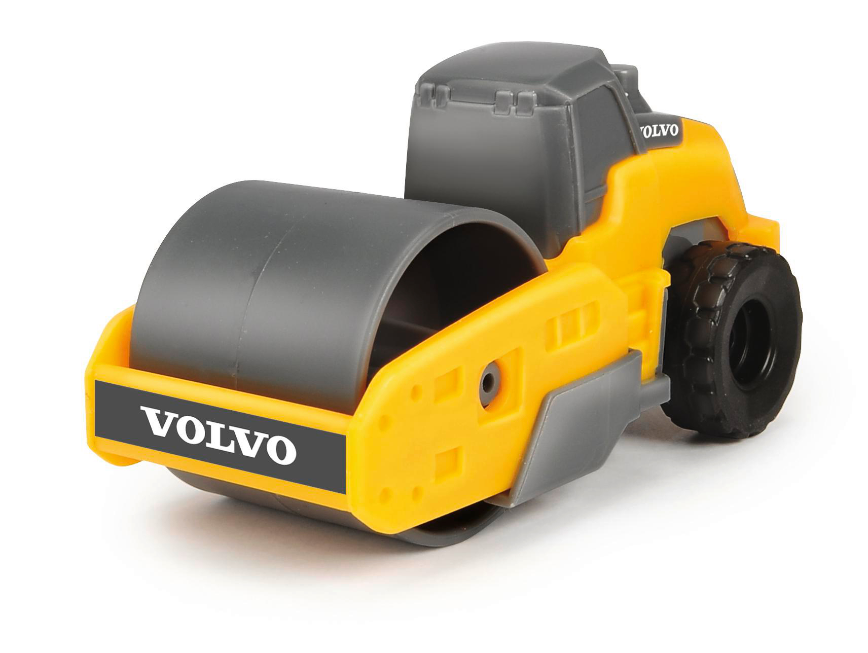Gelbe Spielzeugwalze mit 'VOLVO'. Schwarze und graue Details. Weißer Hintergrund.