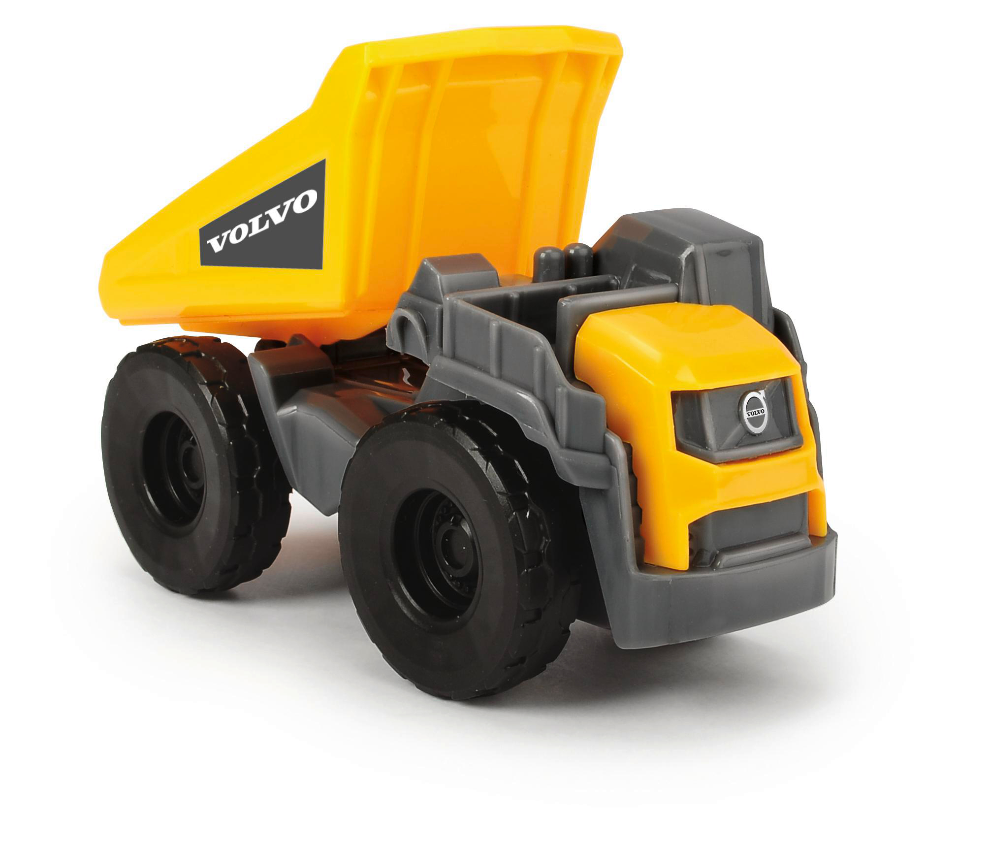 Gelb-grauer Volvo-Spielzeugkipper. Der LKW steht auf weißem Hintergrund, das Volvo-Logo ist sichtbar.