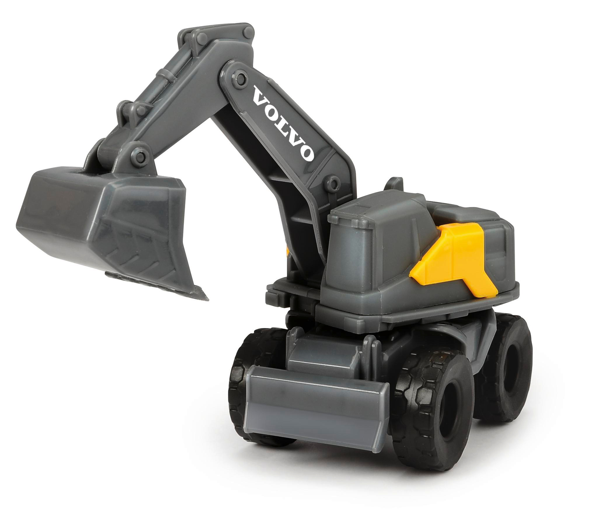 Graues Volvo-Bagger-Spielzeug mit angehobenem Arm, auf weißem Hintergrund.