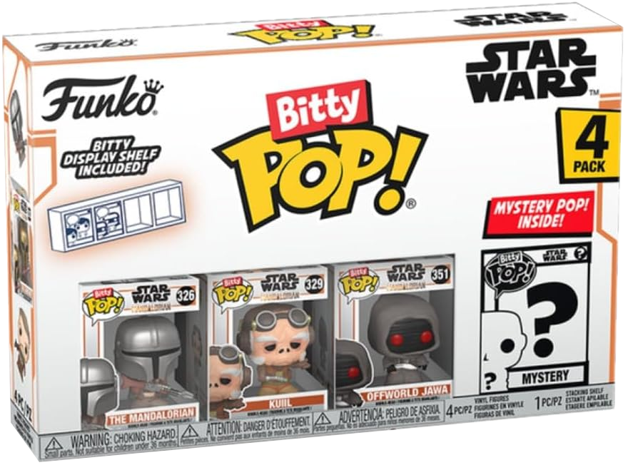 Egy Funko Bitty Pop! Star Wars dobozkészlet négy figurával és egy bemutató polccal.