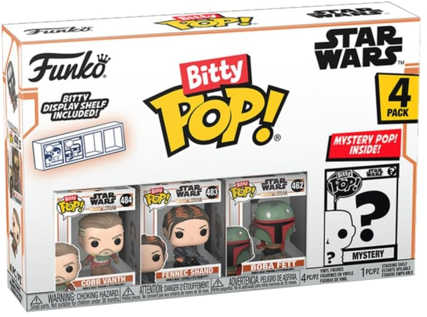 Funko Bitty Pop! Star Wars négyes csomag doboz. Négy kis figurát tartalmaz, egy bemutató polccal együtt.
