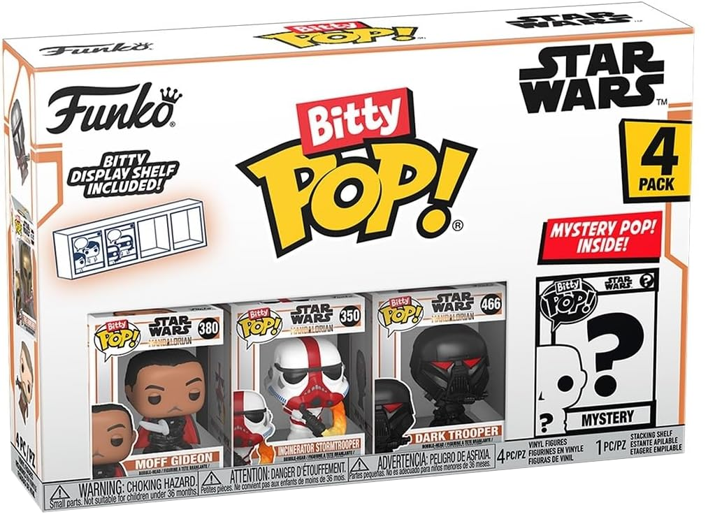 Egy Star Wars Funko Pop dobozkészlet négy figurával. Tartalmaz egy bemutató polcot.