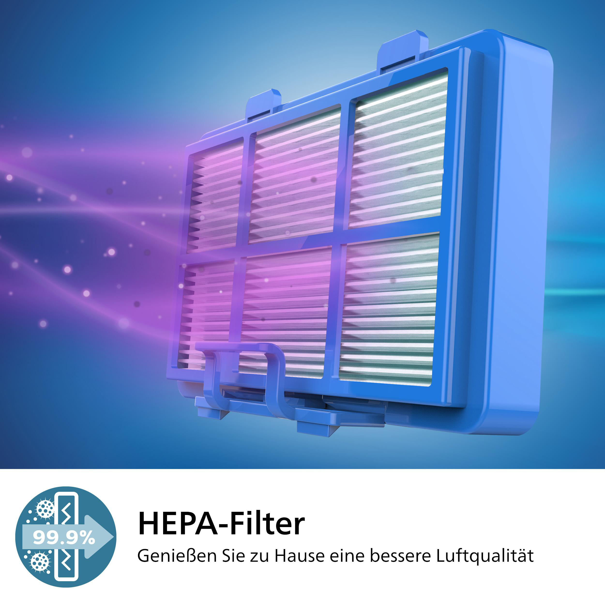 Ein blauer HEPA-Filter mit Text und einem 99,9 % Luftreinigungs-Symbol.