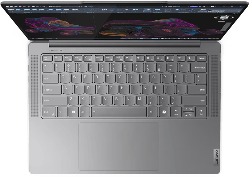 Felülnézet egy szürke laptopról, nyitott képernyővel, 3D-s tervezéssel és billentyűzettel.