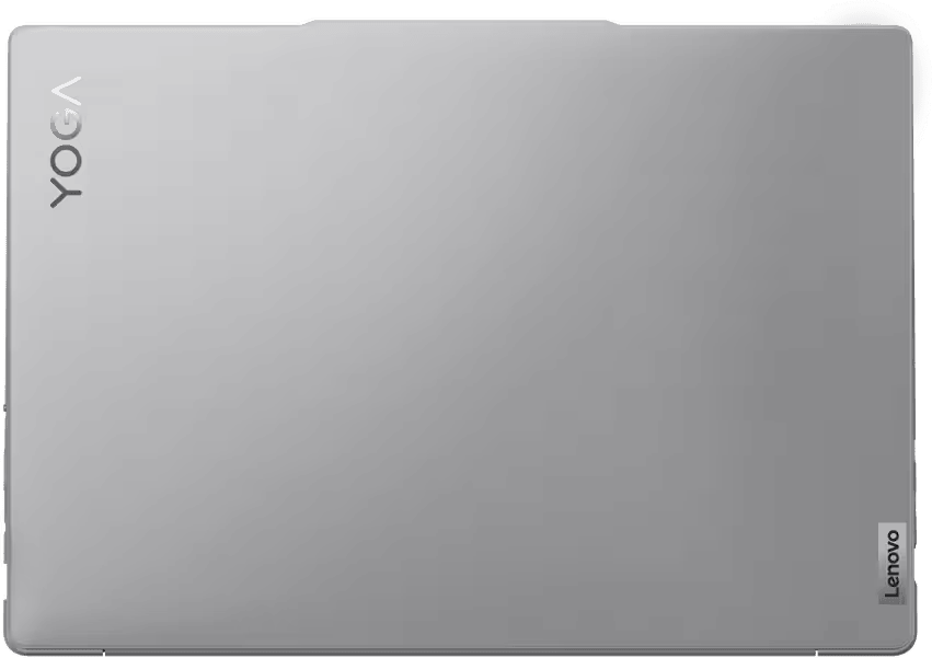 Egy ezüst Lenovo Yoga laptop, csukva, a Yoga logóval látható.