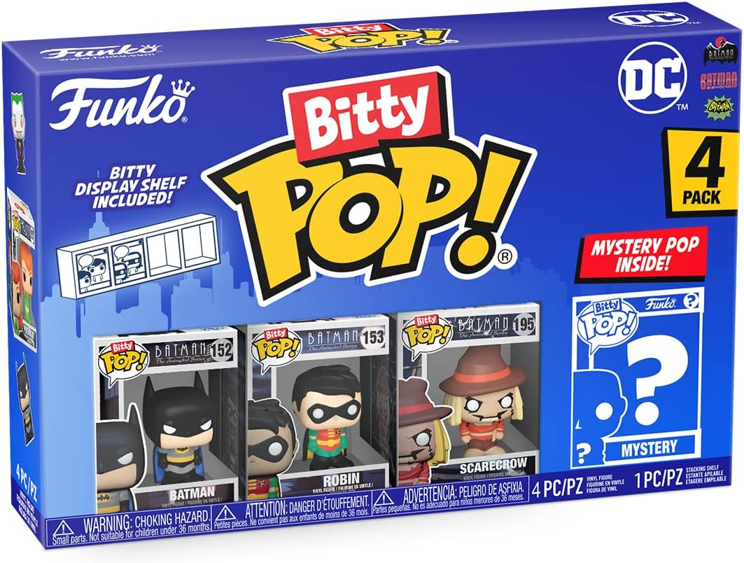 Funko Bitty Pop! doboz Batman, Robin és Madárijesztő figurákkal, és egy polc.