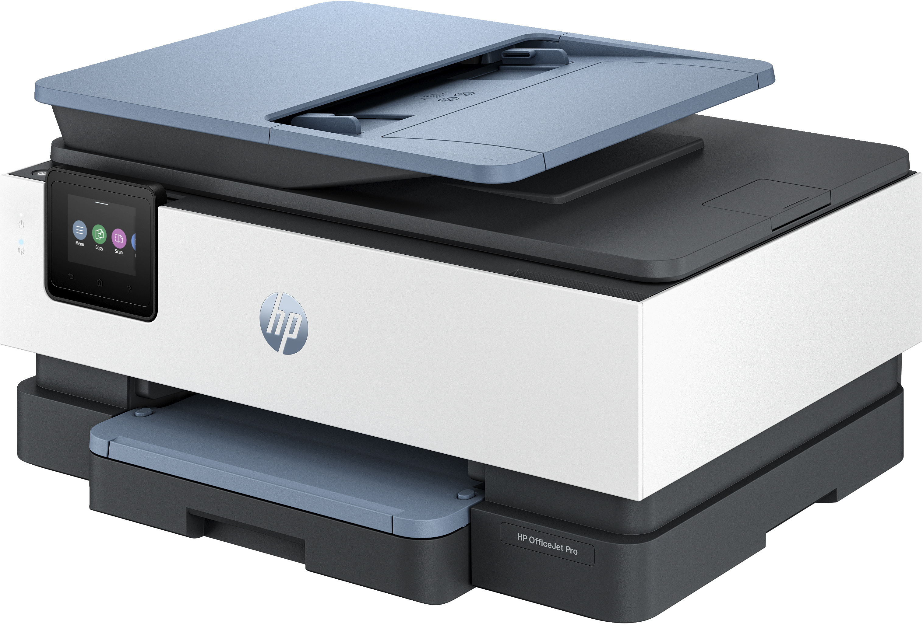 Una impresora HP OfficeJet Pro, blanca con tapa azul, vista en ángulo, con el panel de control visible.
