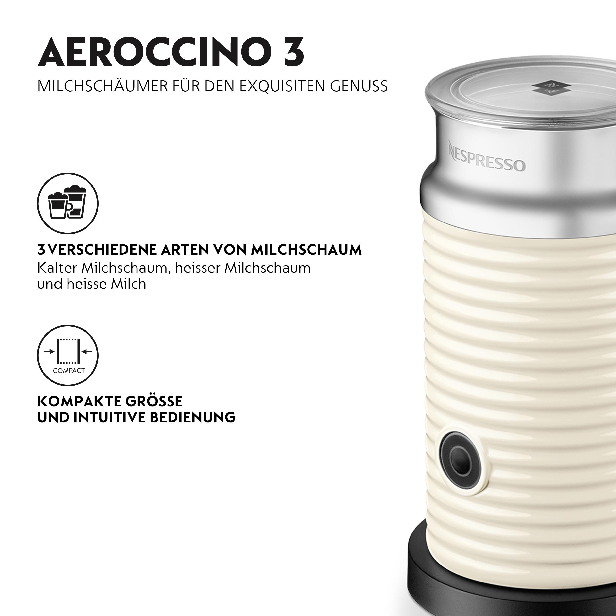 Weißer Nespresso Aeroccino Milchaufschäumer. Zeigt das Gerät und Text über Milchschaum.