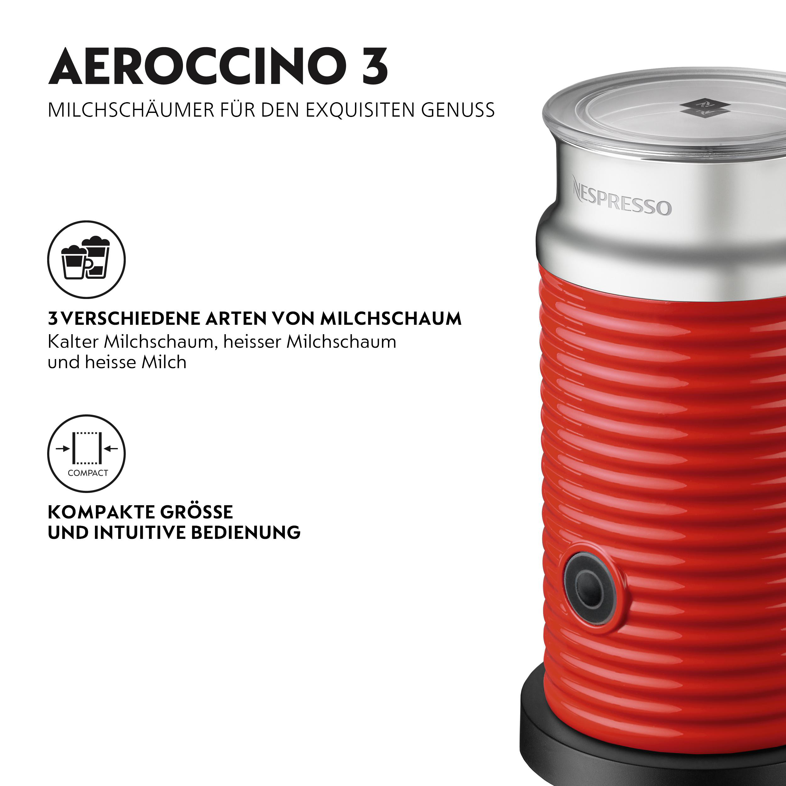 Ein roter Nespresso Aeroccino 3 Milchaufschäumer. Text: 3 Arten Milchschaum, kompakte Größe.