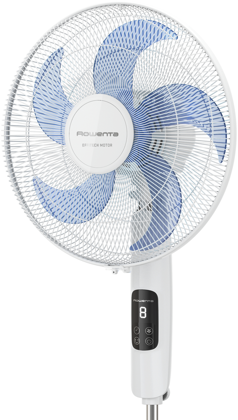 Fehér és kék Rowenta ventilátor. A ventilátor digitális kijelzővel rendelkezik.