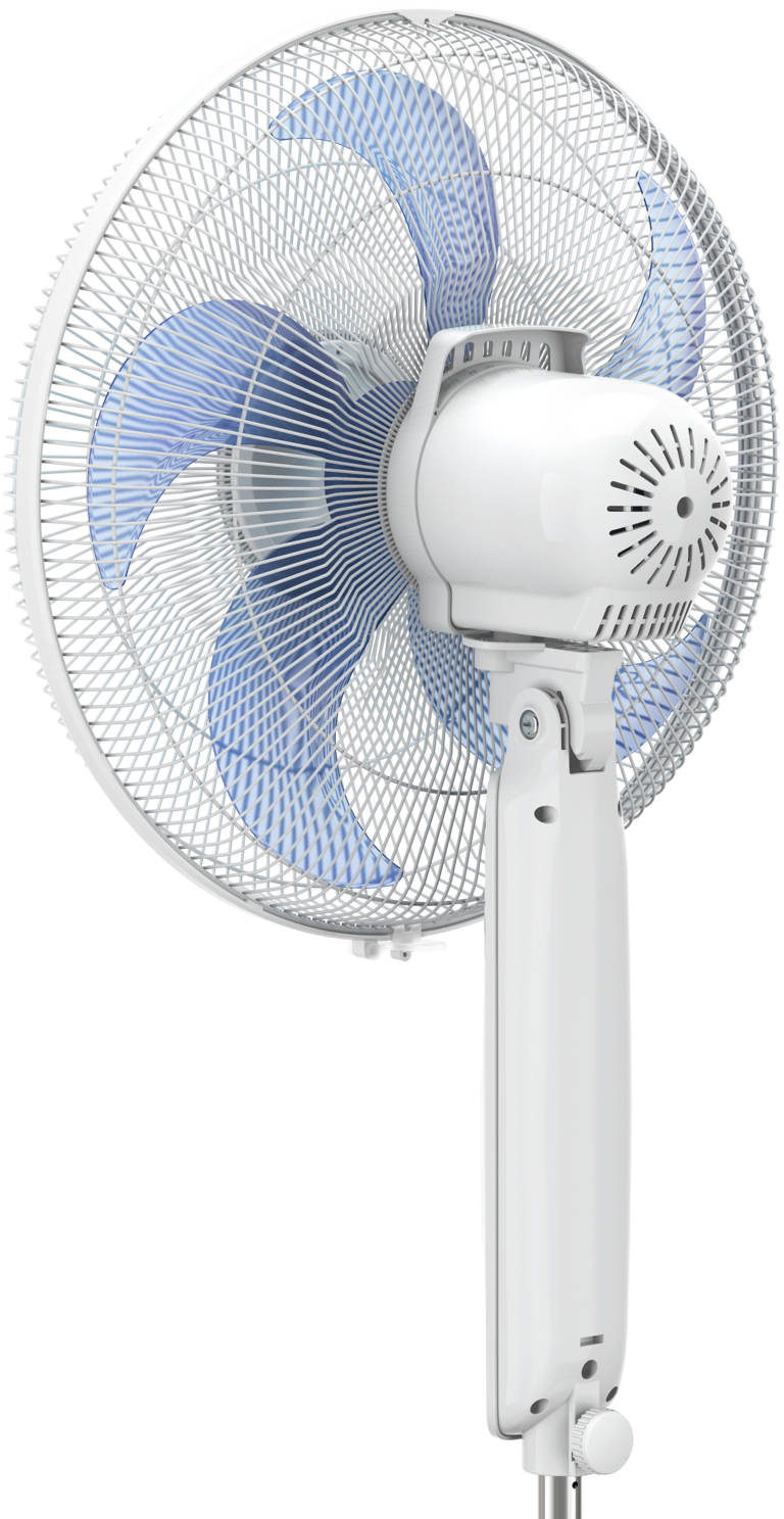 Fehér álló ventilátor kék lapátokkal, a néző felé fordulva.