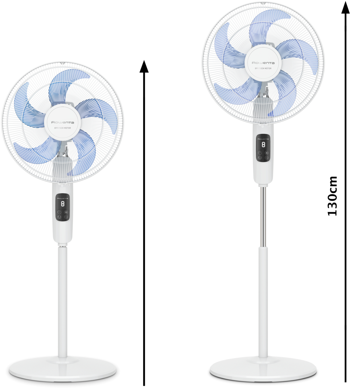 Két fehér álló ventilátor, az egyik méretekkel. Kék lapátok, digitális kijelzők, fehér állványok, fekete háttér.