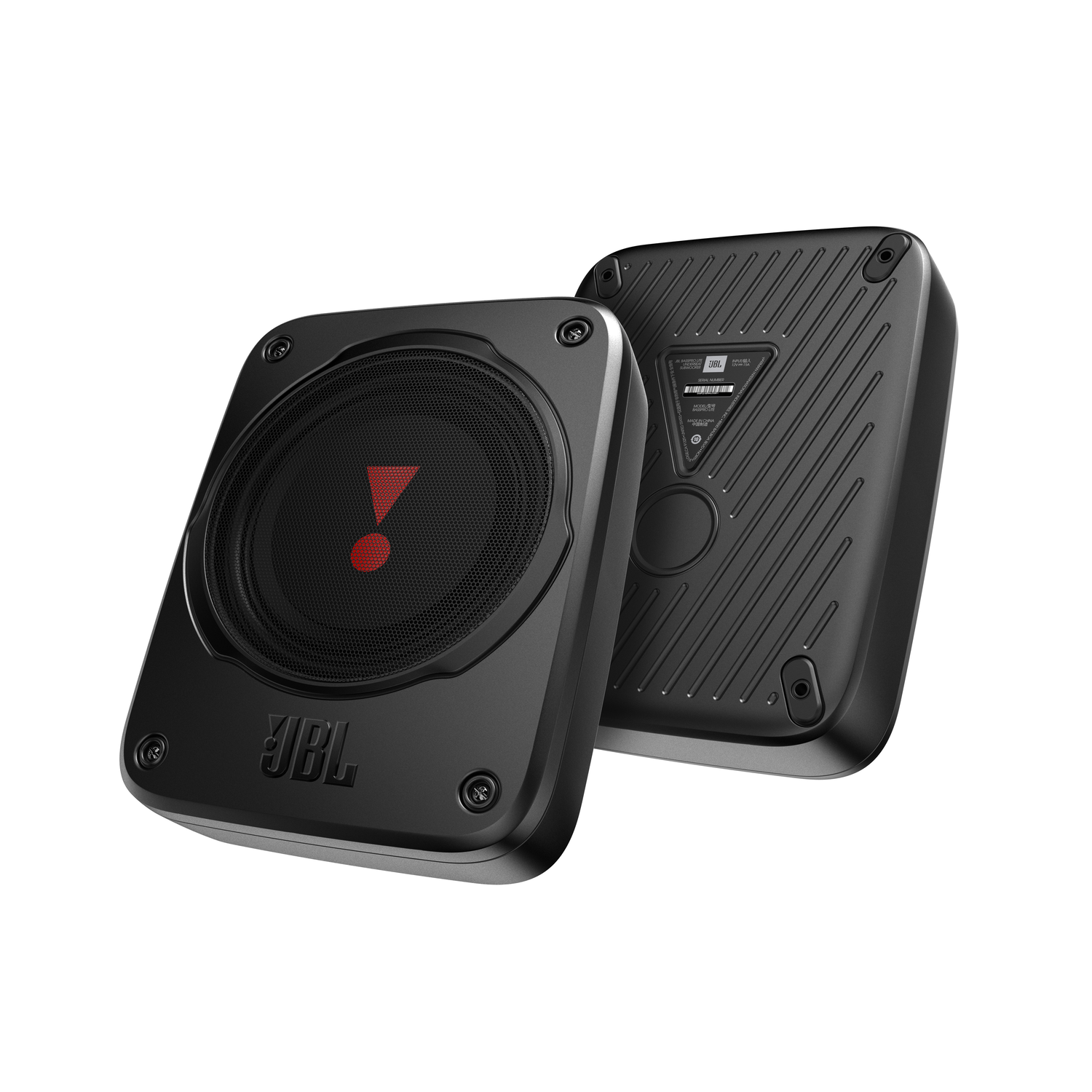 Twee zwarte JBL-luidsprekers. De voorste luidspreker heeft een rode uitroepteken.