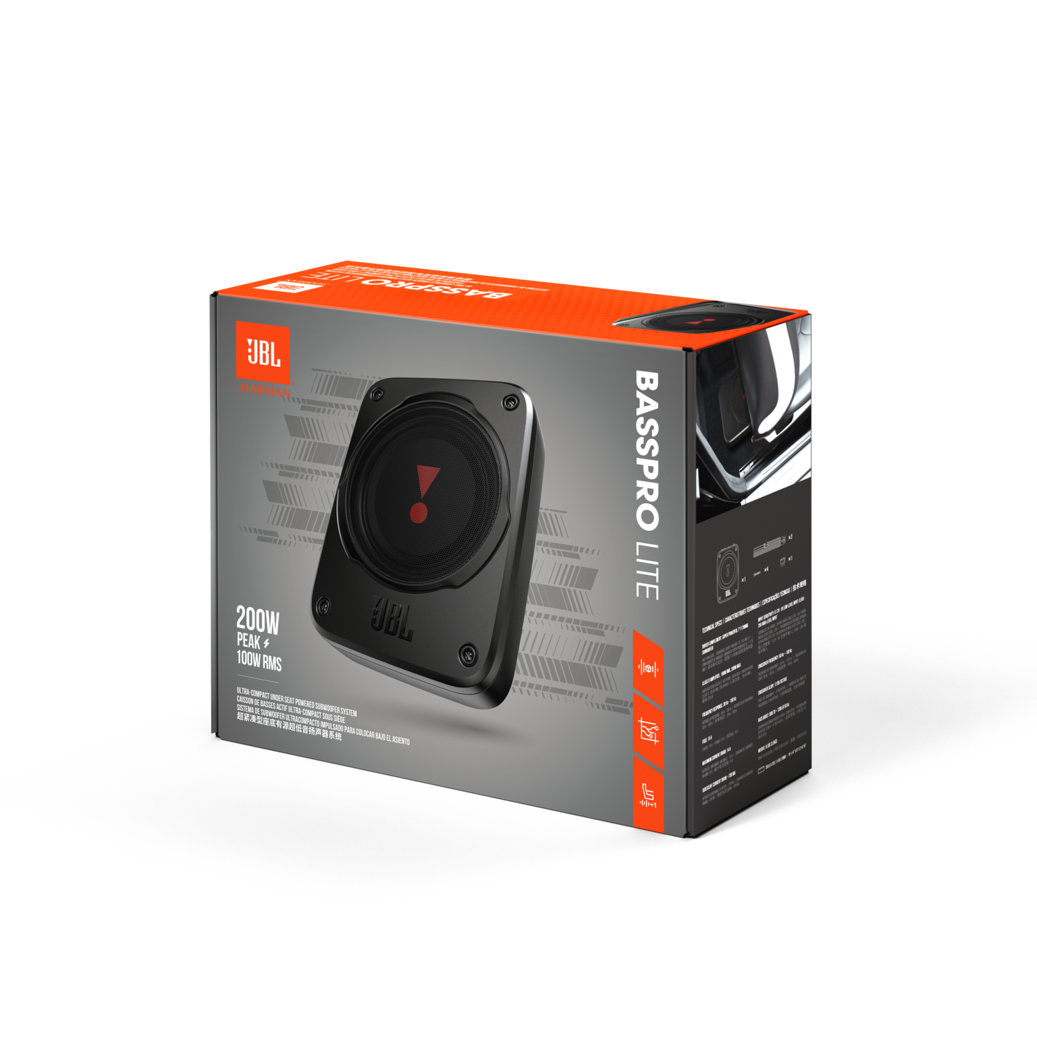 Een JBL BassPro Lite subwooferbox. Hij is zwart met rode accenten. De doos heeft een luidspreker en productinfo.