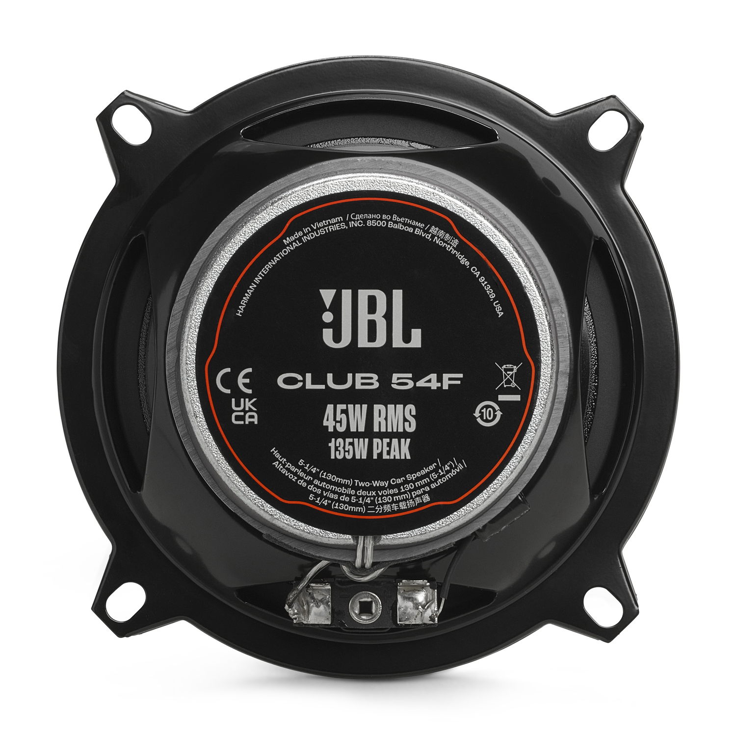 Black JBL speaker. Orange ring with text. Black background.