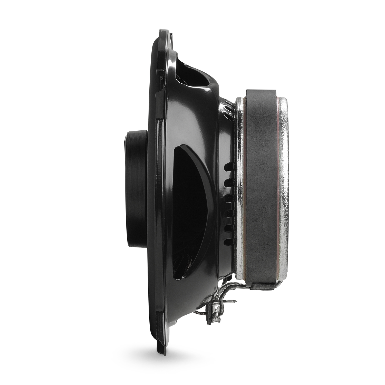 Black speaker side view. Features a black frame, round base and a grey/brown component.