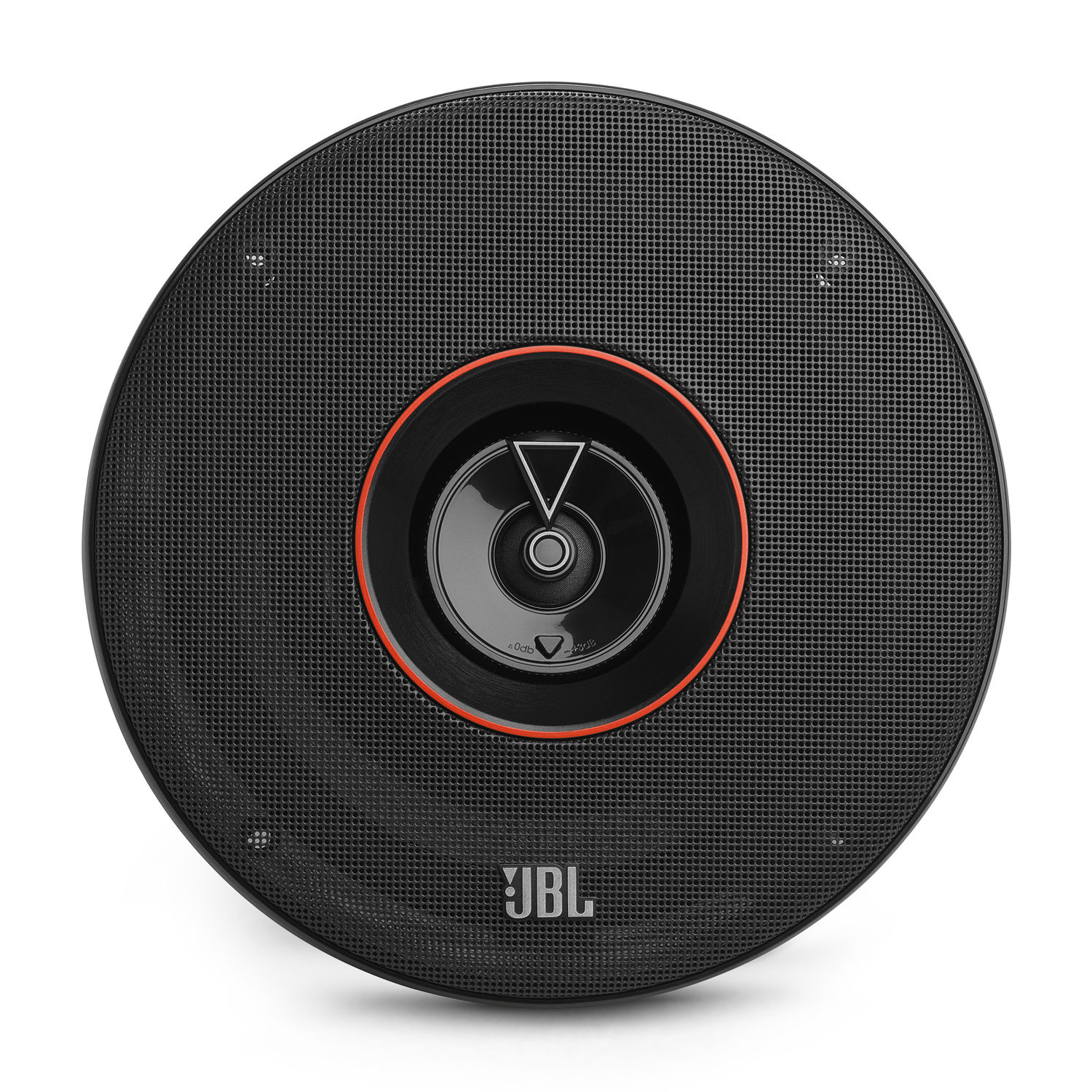 Zwarte ronde JBL-luidspreker met rode ring en mesh-cover.