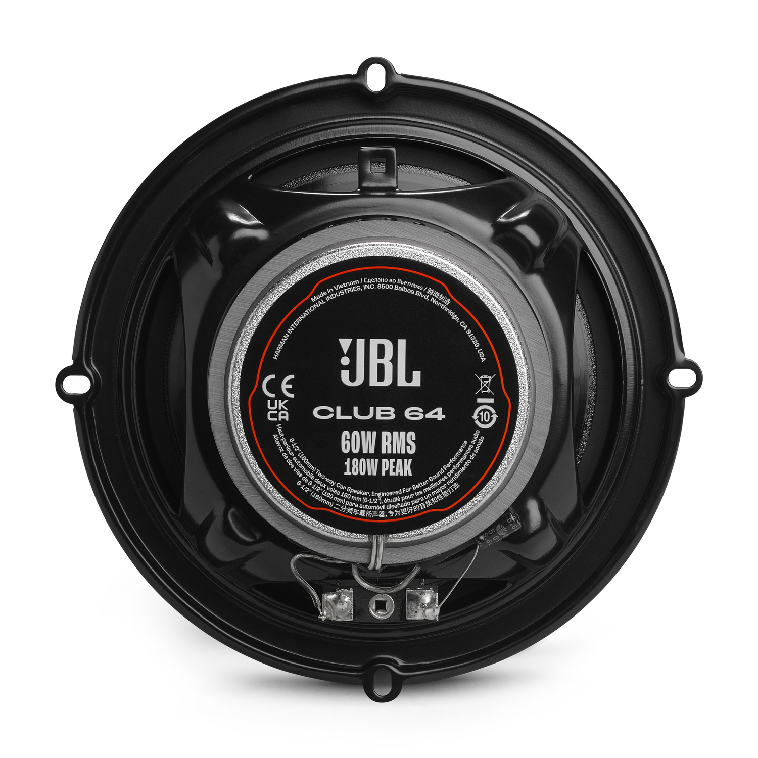 Luidspreker waarvan de achterkant zichtbaar is, met de luidsprekercomponenten en het JBL-logo.