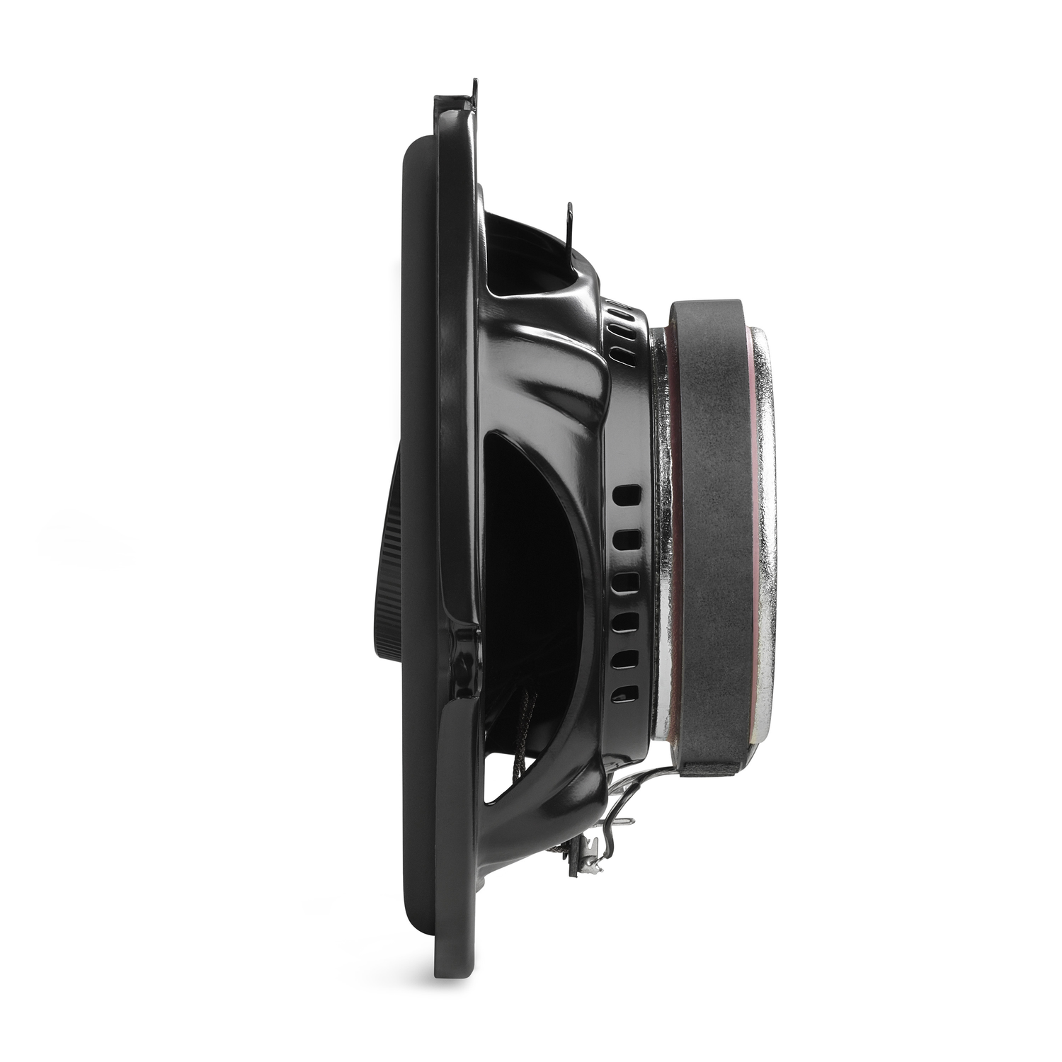 Zijaanzicht van een zwarte autospeaker.