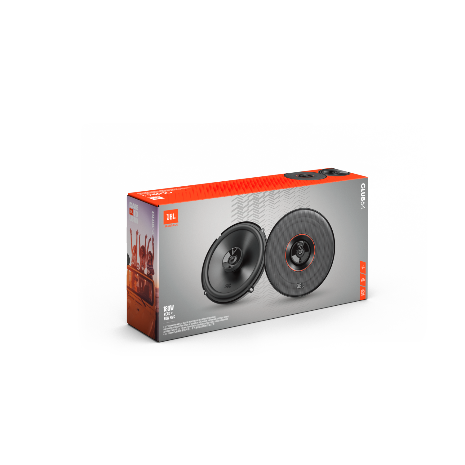 JBL-autoluidsprekerbox met twee zichtbare luidsprekers. De doos is rood met zwarte luidsprekers.