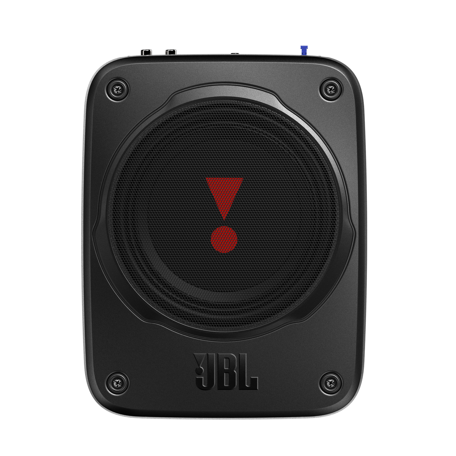 Zwarte JBL subwoofer met een rood uitroeptekenlogo en een zwart rooster.