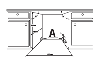 Diagramm eines Einbauküchengeräteraums. Zeigt Abmessungen und Winkel für die Installation.