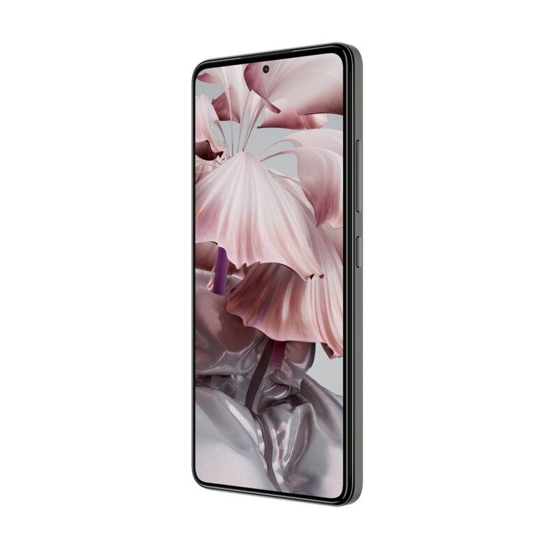 Ein schlankes, dunkel gefärbtes Smartphone mit floraler Bildschirmanzeige.