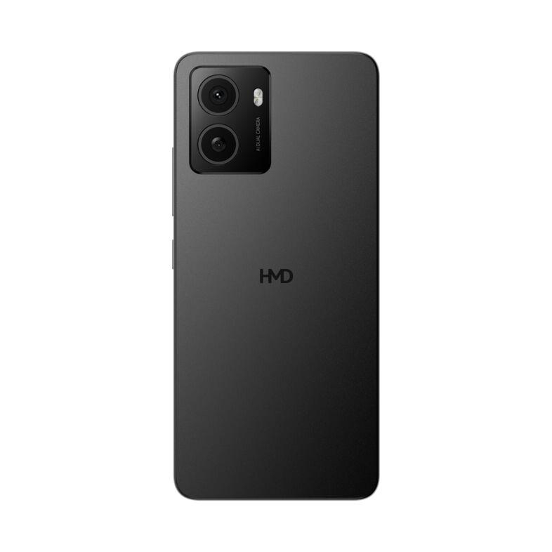 Schwarze Smartphone-Rückansicht mit Dual-Kameras und 'HMD'-Logo, auf weißem Hintergrund.