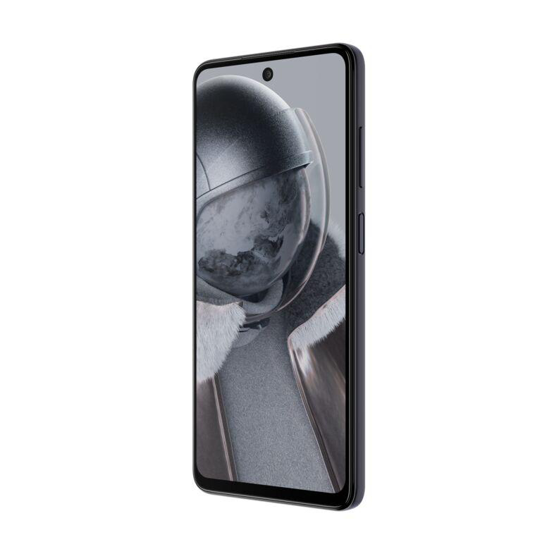 Schwarzes Smartphone, angewinkelte Ansicht, mit einem Bildschirm, der ein futuristisches Bild zeigt. Kamera.