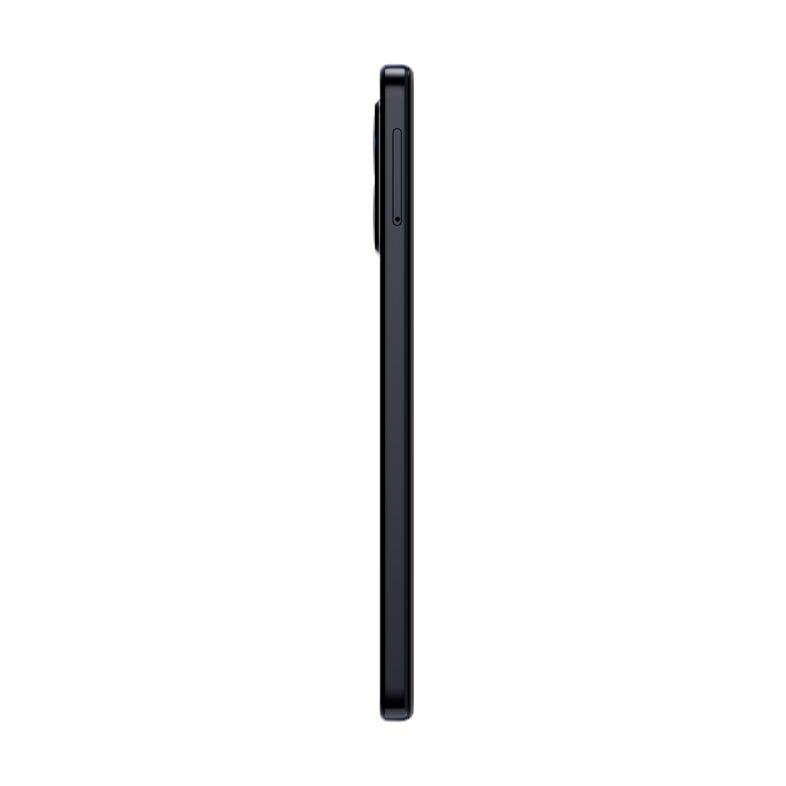 Ein schwarzes Smartphone, Seitenansicht, vor weißem Hintergrund. Das Telefon ist schlank und schlank.