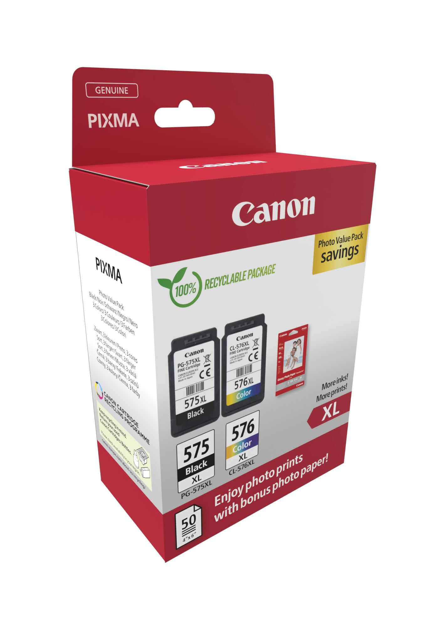 Canon Tintenpatronen in einer rot-weißen Box mit Text und Paketdetails.