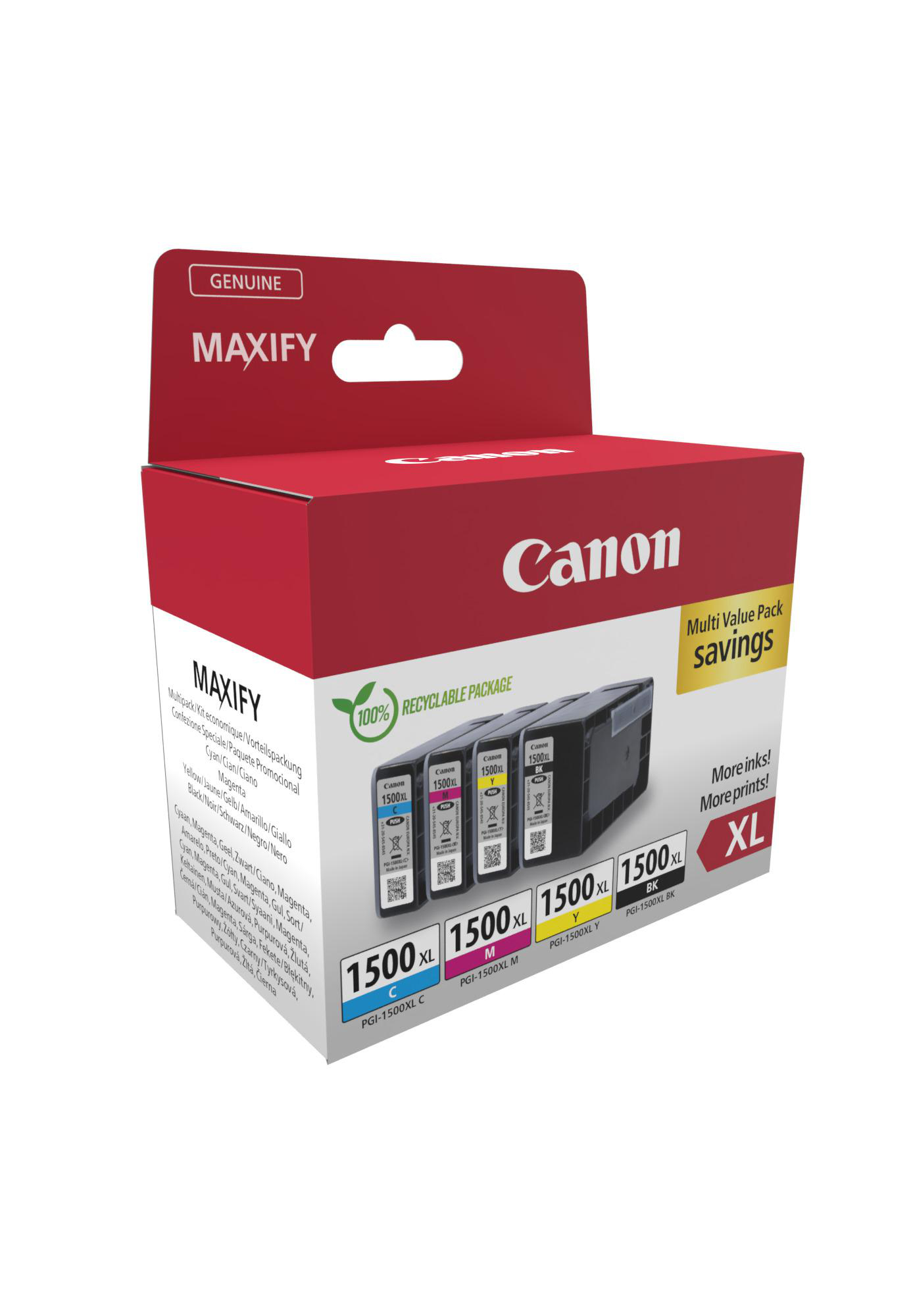 Canon Maxify Tintenpatronenbox. Sie ist rot und weiß mit schwarzen Patronen darin.